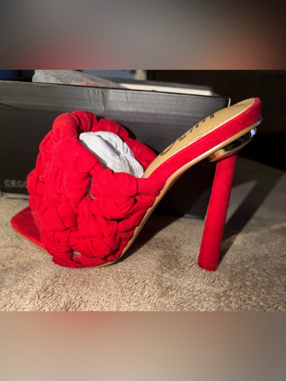 Red woven stiletto heels